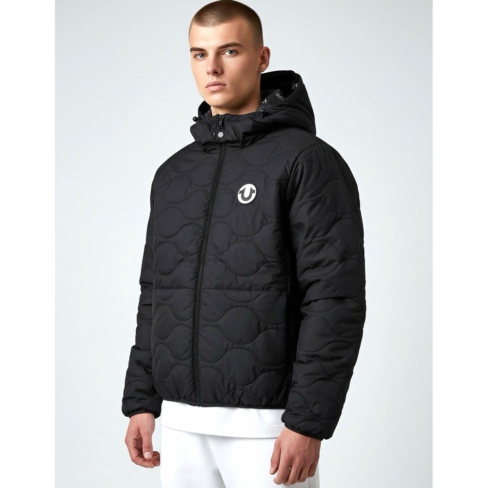 True Religion Men's M Black Puffer Jacket Hooded Quilted Logo Zip Snap
